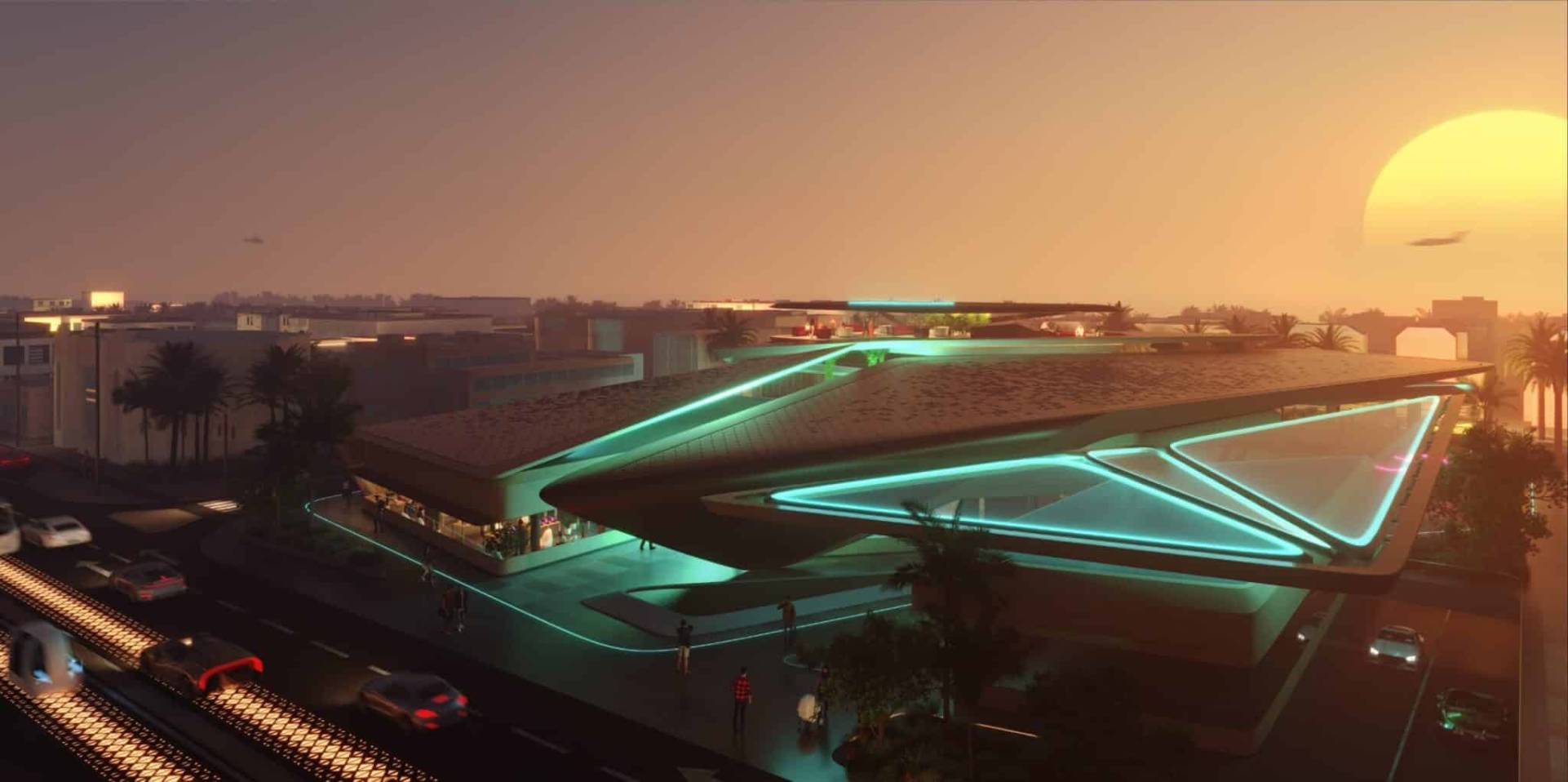 Vista serale del complesso architettonico futuristico del progetto C40 con tetti geometrici illuminati da luci al neon.