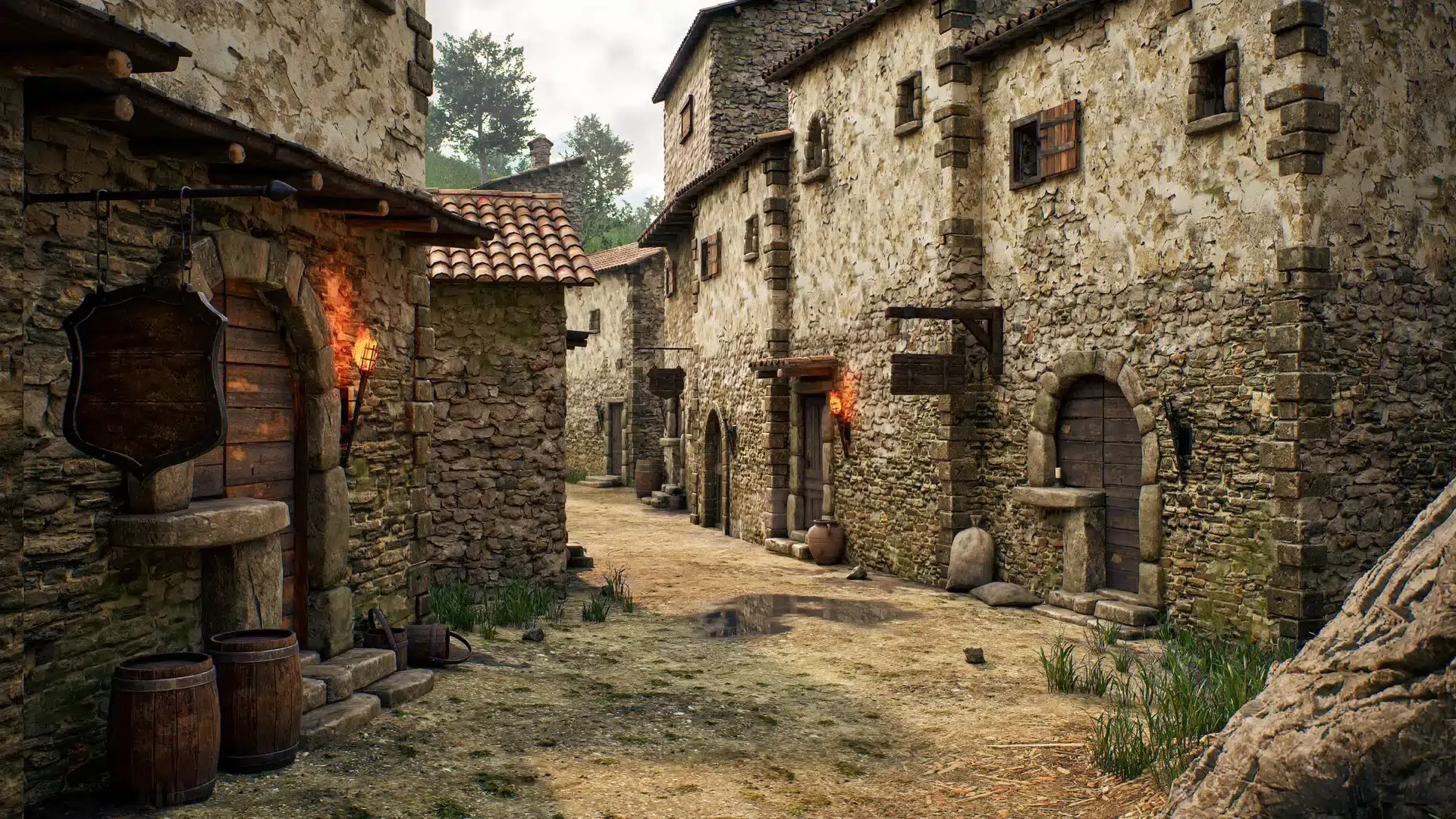 Render 3d città medievale italiana Ricostruzione 3D di un villaggio medievale italiano, con edifici in pietra, tetti in tegole rosse, torce accese e decorazioni in legno.