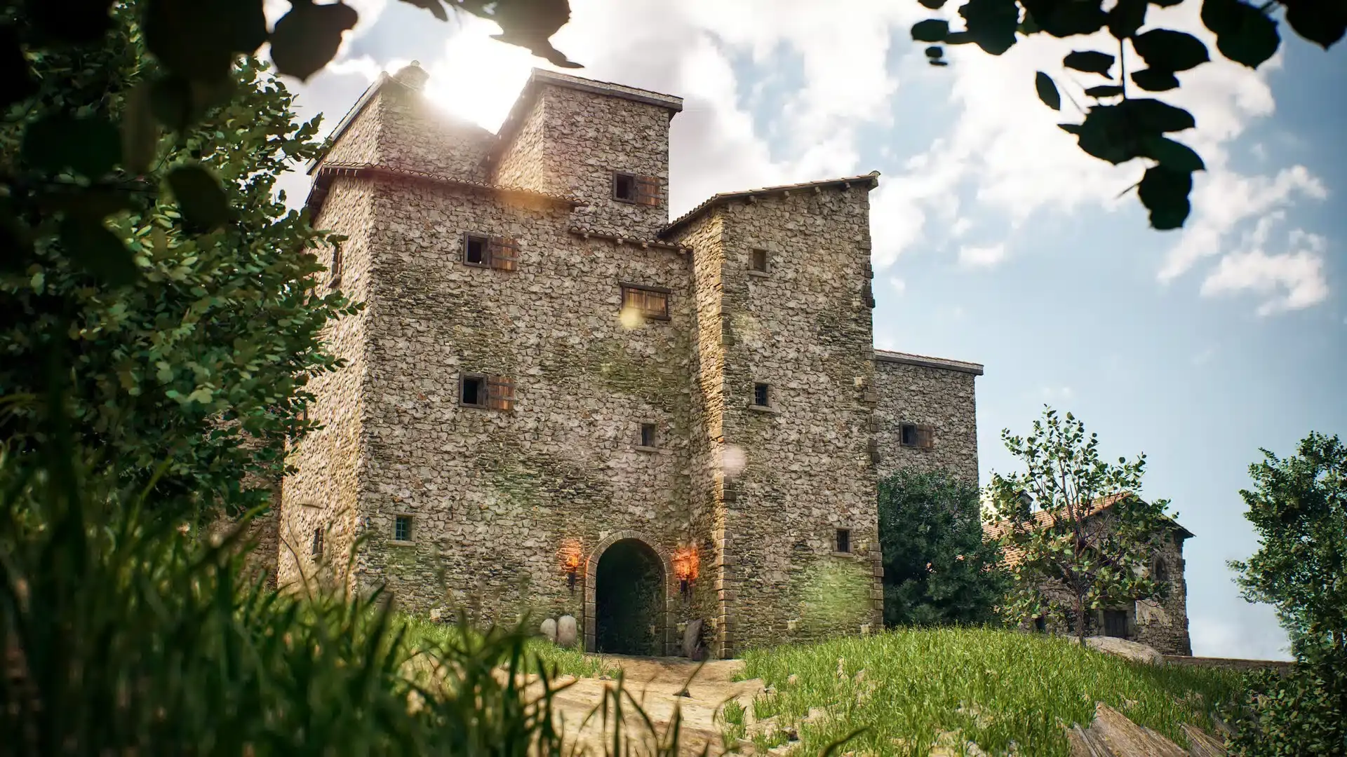 Rendering edificio medievale in pietra Vista di un edificio medievale in pietra con un arco d’ingresso, illuminato dalla luce del sole, circondato da erba e alberi, creato in Unreal Engine.