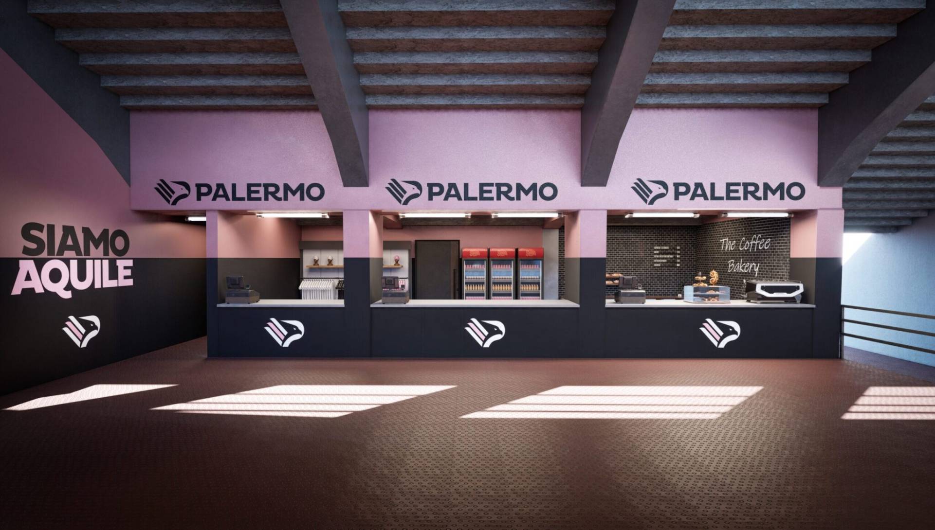 Stadio Palermo gallery 1 Rendering dell’area ristoro rinnovata dello stadio Renzo Barbera di Palermo, con colori rosa e nero simbolo della squadra
