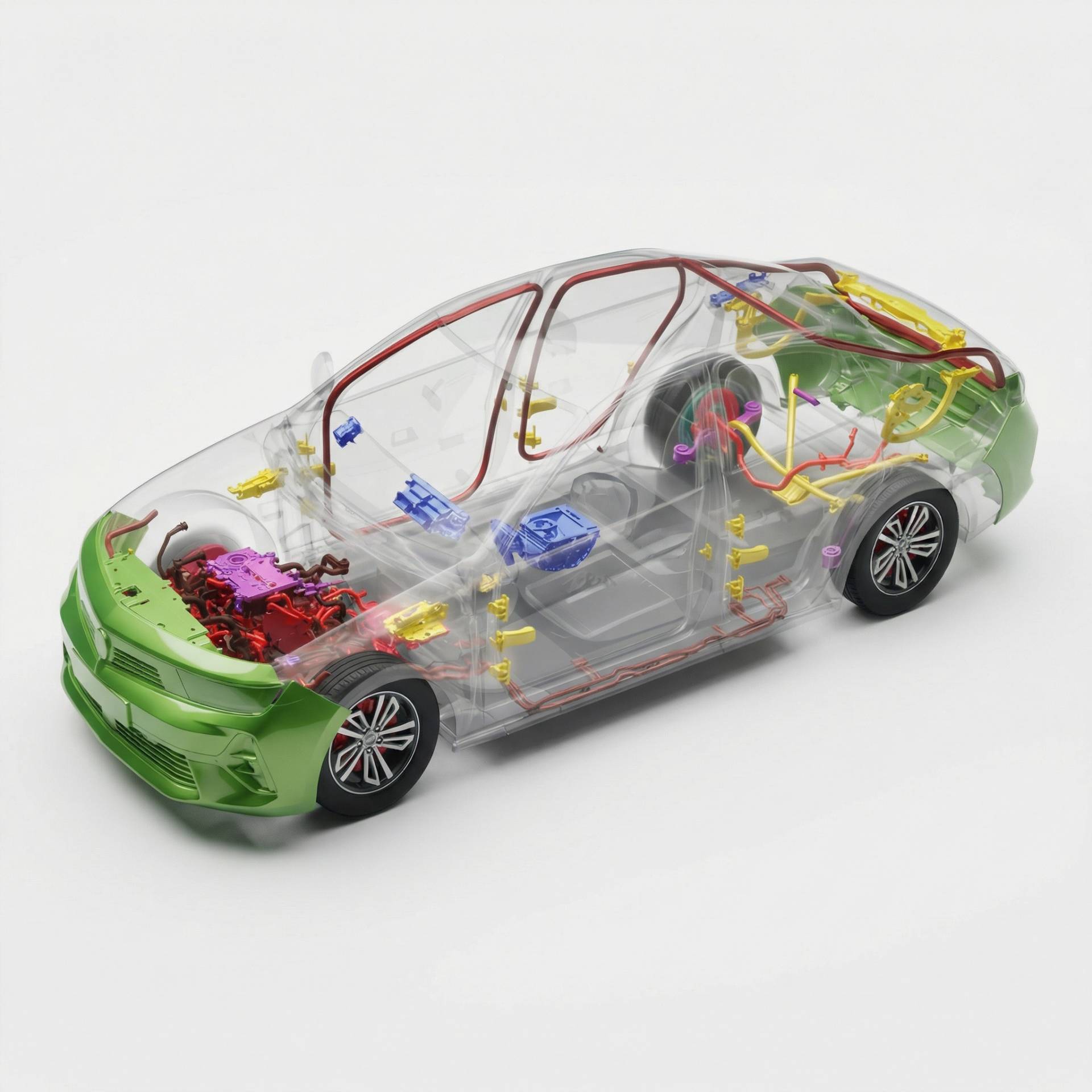 Rendering 3D isometrico di veicolo automotive in exploded view con modelli CAD e componenti elettrici evidenziati, visualizzazione tecnica industriale.