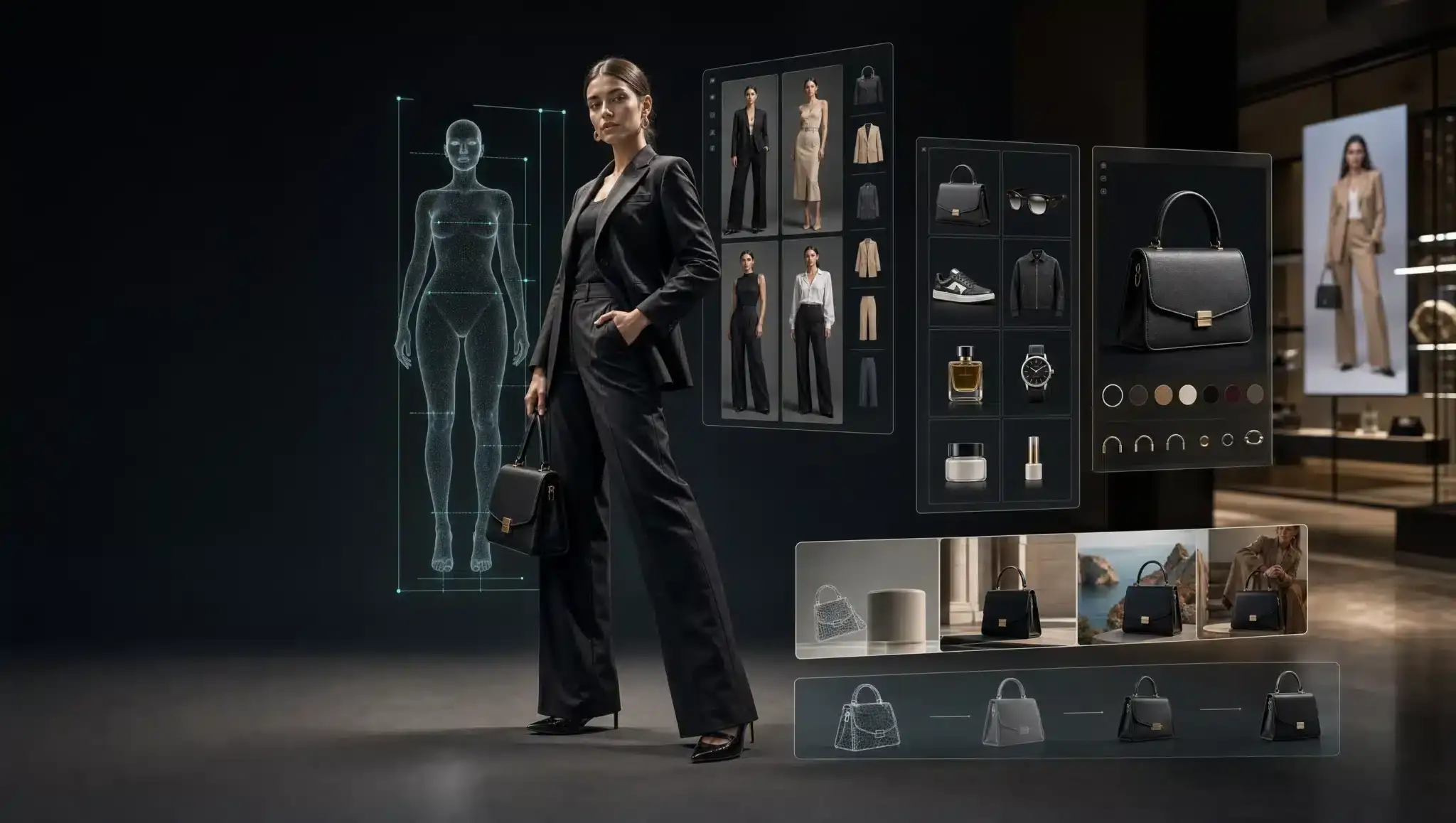Modella fashion affiancata da digital twin, virtual try-on, catalogo prodotti e configuratore 3D per retail e moda
