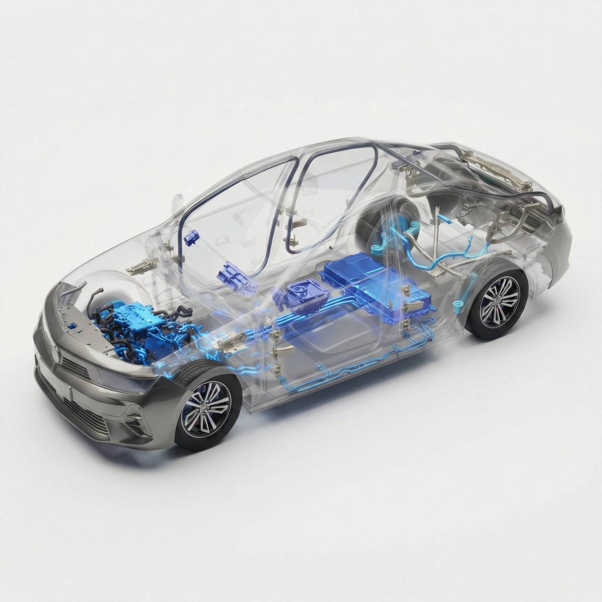 Rendering 3D isometrico di veicolo automotive in exploded view con modelli CAD e componenti elettrici evidenziati, visualizzazione tecnica industriale.