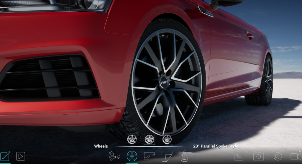 Configuratore auto 3d Dettaglio di un’auto rossa con cerchioni in lega a raggi paralleli da 20 pollici modificabili tramite configuratore di prodotto
