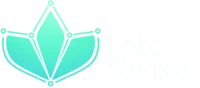 Il logo di Loto Studios con il pittogramma di un loto e il brand name bianco