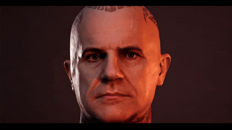 Avatar digitale fotorealistico con espressione seria, caratterizzato da tatuaggi sulla testa e sul collo