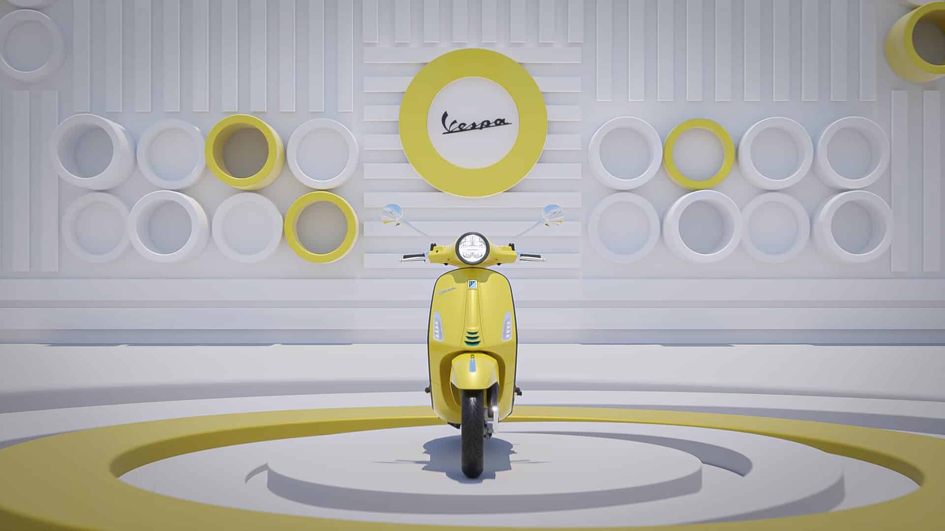 Rendering fotorealistico di una Vespa “Primavera” o “Sprint” in colore giallo, posizionata al centro di una scena stilizzata con elementi geometrici bianchi e gialli.