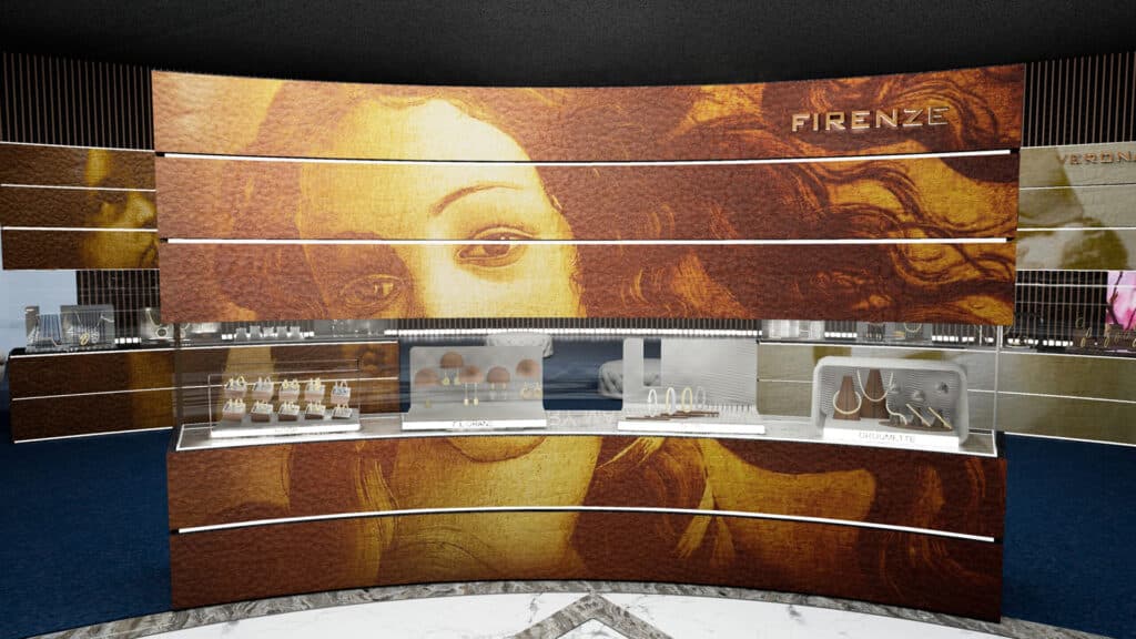 Vista dello showroom di gioielli Carini, con esposizioni di accessori e dettagli decorativi.