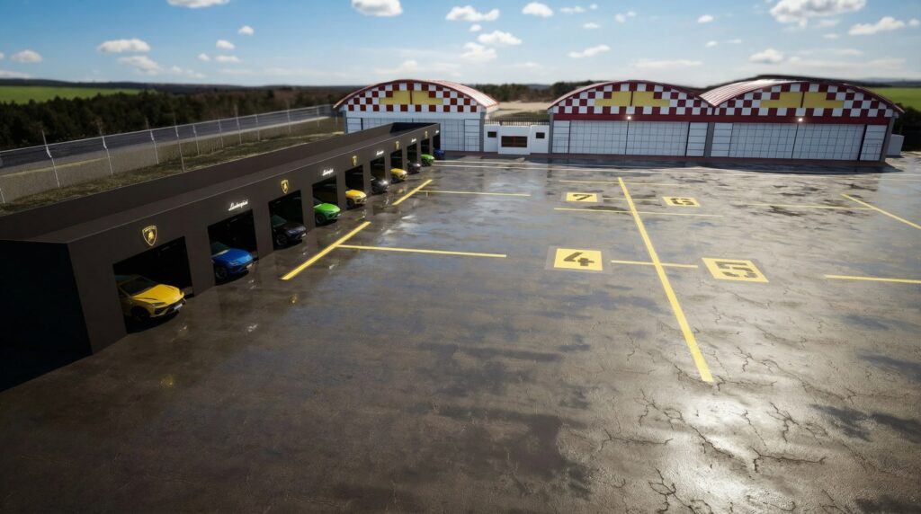 Rendering 3D per l'evento “Dare to Live More” di Lamborghini, con una Lamborghini Urus gialla esposta su una piattaforma circolare, situata di fronte all’ingresso illuminato di una struttura con logo Lamborghini2