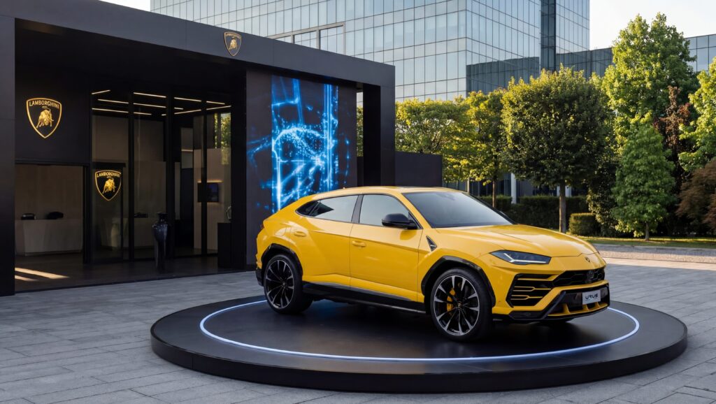 13_Lambo01 Rendering 3D per l'evento “Dare to Live More” di Lamborghini, con una Lamborghini Urus gialla esposta su una piattaforma circolare, situata di fronte all’ingresso illuminato di una struttura con logo Lamborghini