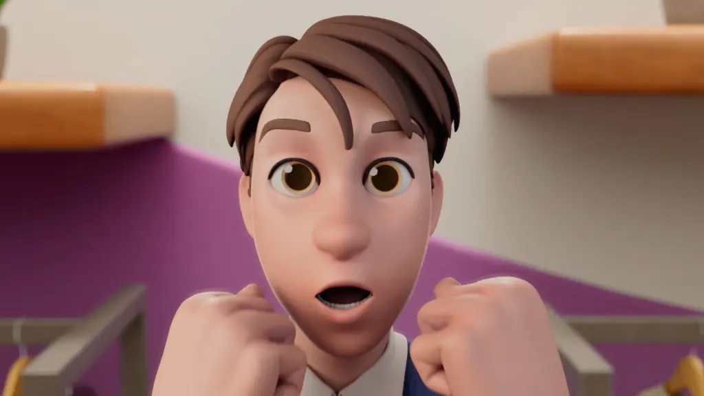 Frame1 Frame dal video animato della campagna Oenergy: primo piano di un personaggio 3D in stile Pixar con espressione sorpresa ed entusiasta, realizzato in animazione 3D per la pubblicità televisiva del servizio luce e gas.
