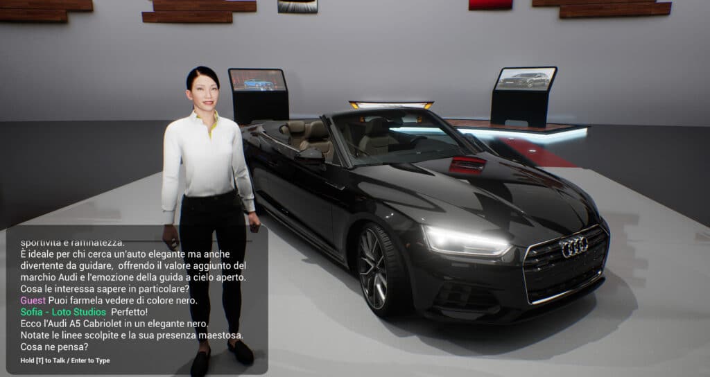 Audi-Aiagent_A Configuratore Audi A5 con assistente virtuale AI sviluppato da Loto Studios: un avatar 3D interattivo guida l’utente attraverso la personalizzazione dell’auto in tempo reale, con dialoghi naturali e aggiornamenti visivi dinamici nel configuratore showroom realizzato in Unreal Engine.