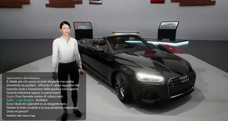 Configuratore Audi A5 con assistente virtuale AI sviluppato da Loto Studios: un avatar 3D interattivo guida l’utente attraverso la personalizzazione dell’auto in tempo reale, con dialoghi naturali e aggiornamenti visivi dinamici nel configuratore showroom realizzato in Unreal Engine.