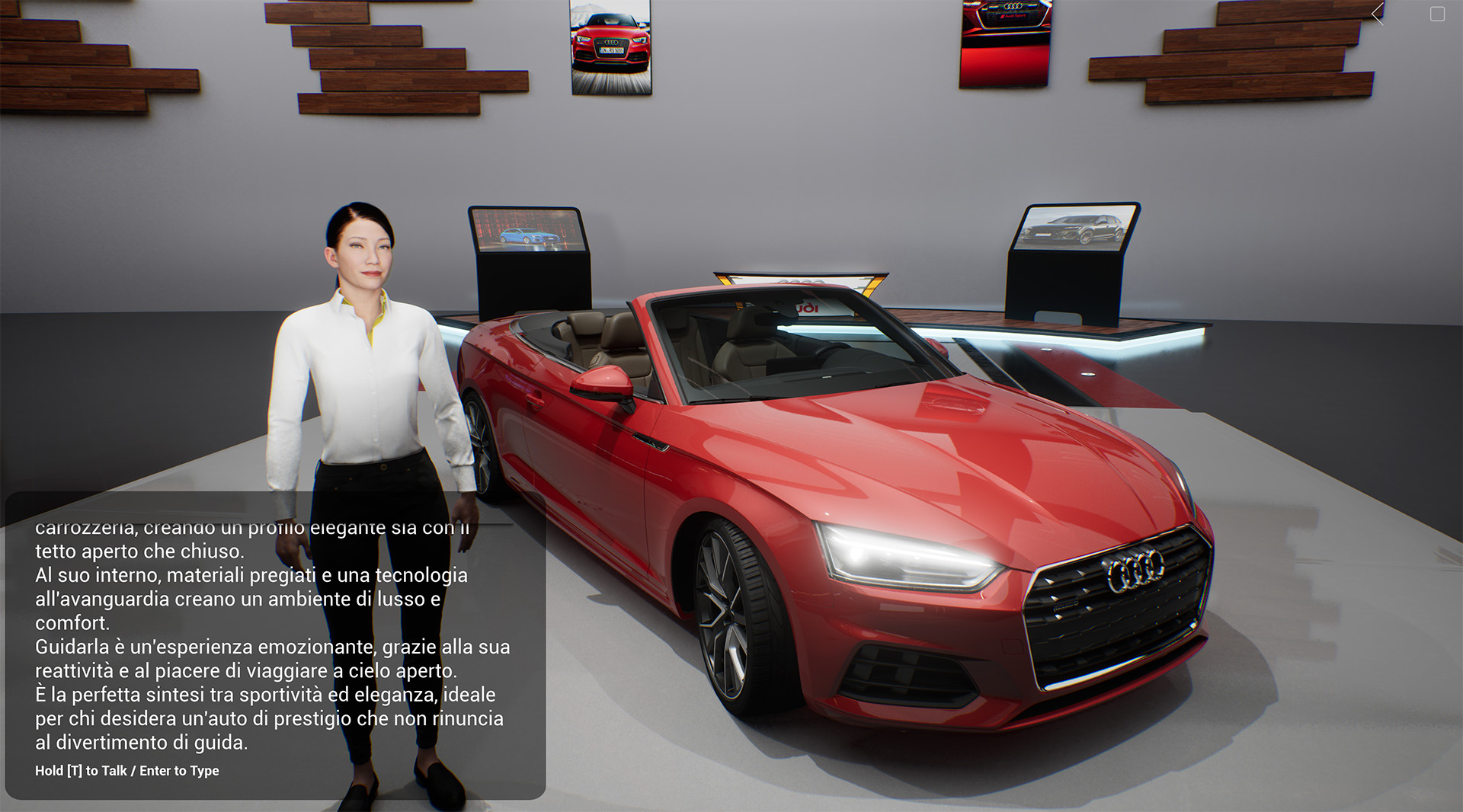 Configuratore Audi A5 di colore rosso con assistente virtuale AI sviluppato da Loto Studios: un avatar 3D interattivo guida l’utente attraverso la personalizzazione dell’auto in tempo reale, con dialoghi naturali e aggiornamenti visivi dinamici nel configuratore showroom realizzato in Unreal Engine.