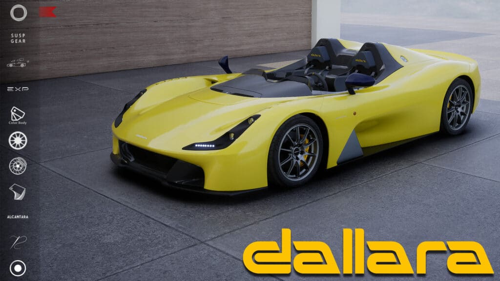 Interfaccia del configuratore Dallara: rendering 3D di una road-car Dallara Stradale gialla, vista frontale tre-quarti, con barra laterale delle opzioni di personalizzazione e logo «dallara» in primo piano.