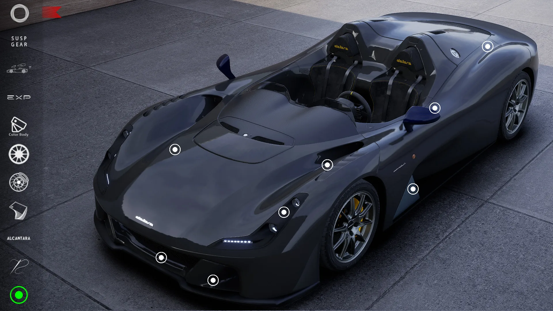 Interfaccia del configuratore Dallara: rendering 3D di una road-car Dallara Stradale nera, vista frontale tre-quarti, con barra laterale delle opzioni di personalizzazione e logo «dallara» in primo piano e punti chiavi selezionati.