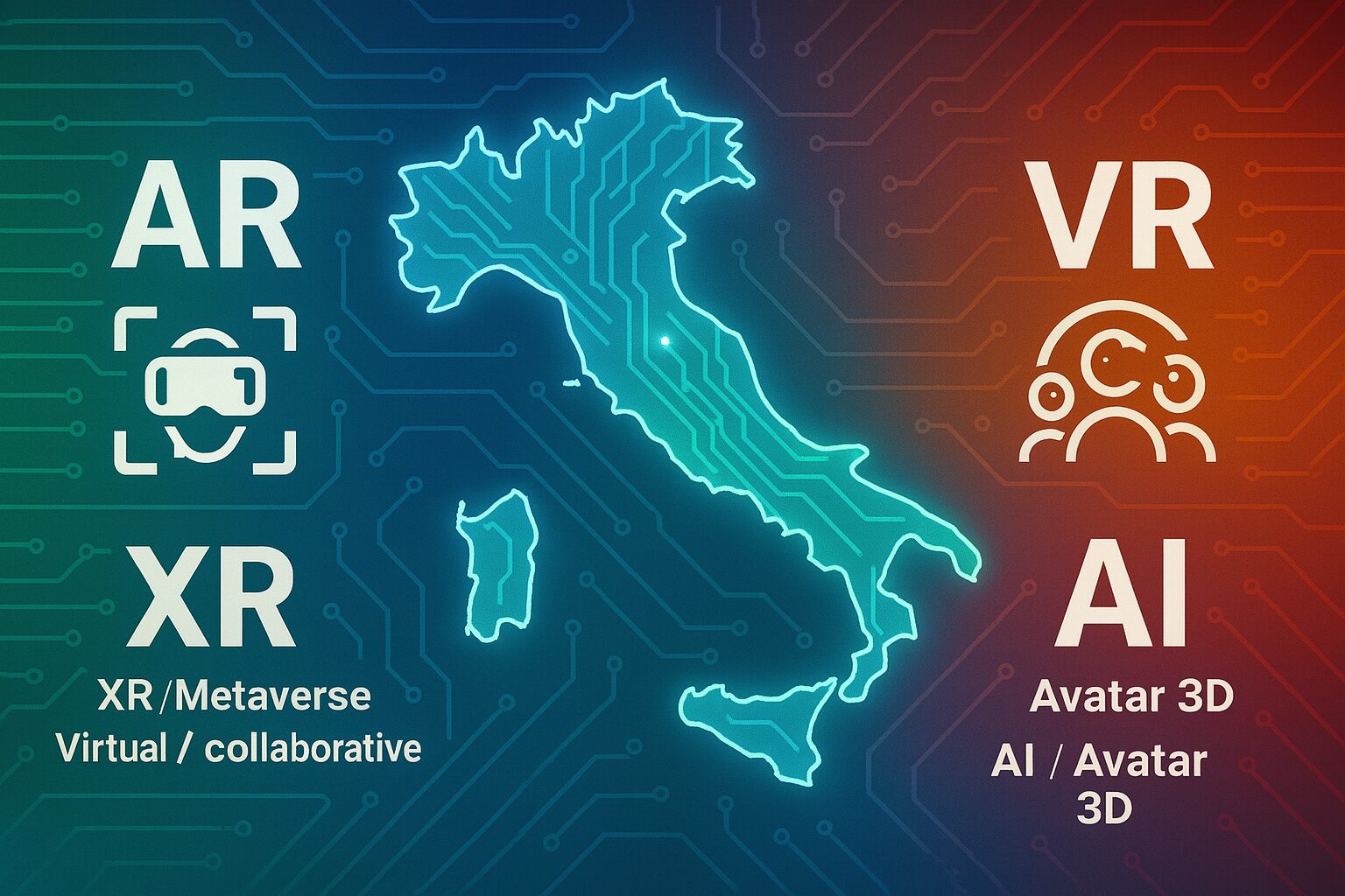 Infografica 16:9 sul PNRR: mappa d’Italia al centro, circuiti digitali e icone AR, VR, XR e AI che illustrano i pilastri tecnologici della trasformazione.