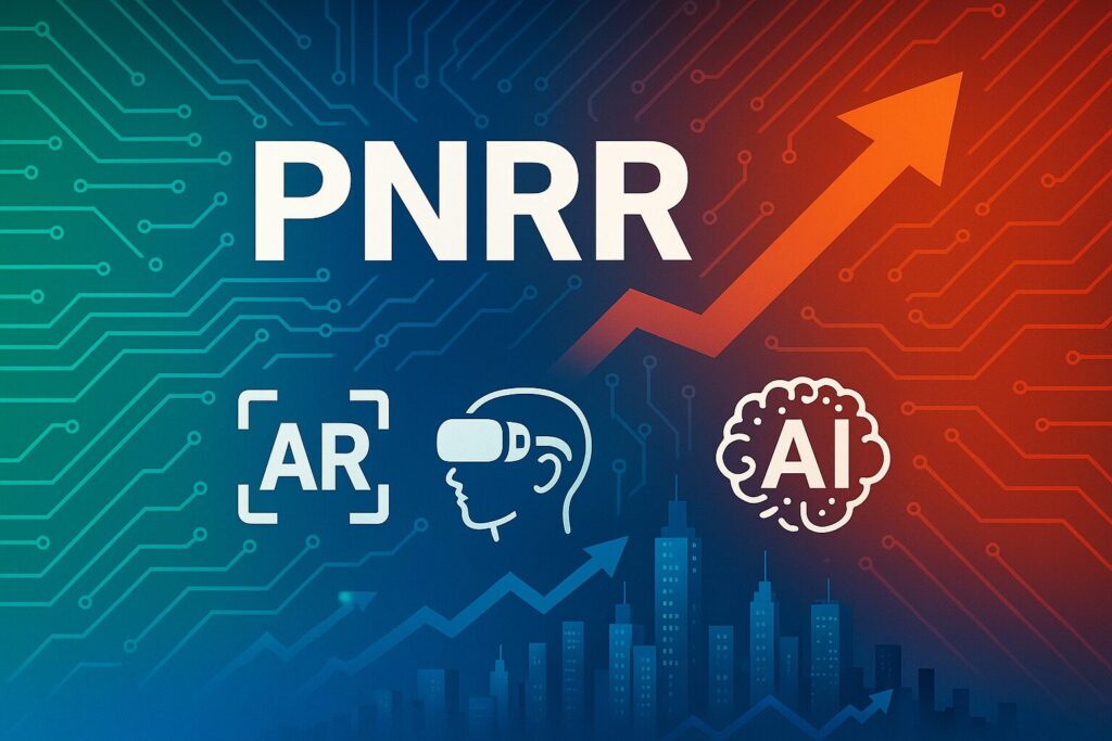 Infografica PNRR: crescita digitale italiana con icone AR, VR e AI, circuito tecnologico e skyline futuristico che simboleggia innovazione e sviluppo