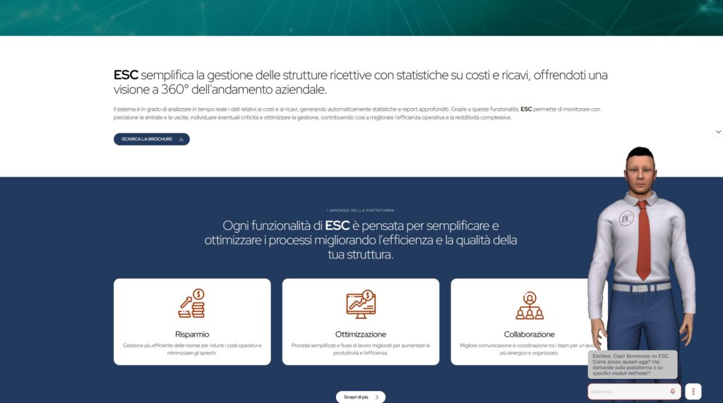 ESC_AIavatar Schermata della piattaforma ESC con avatar assistente virtuale AI, che illustra i vantaggi del software gestionale per hotel: risparmio, ottimizzazione e collaborazione.
