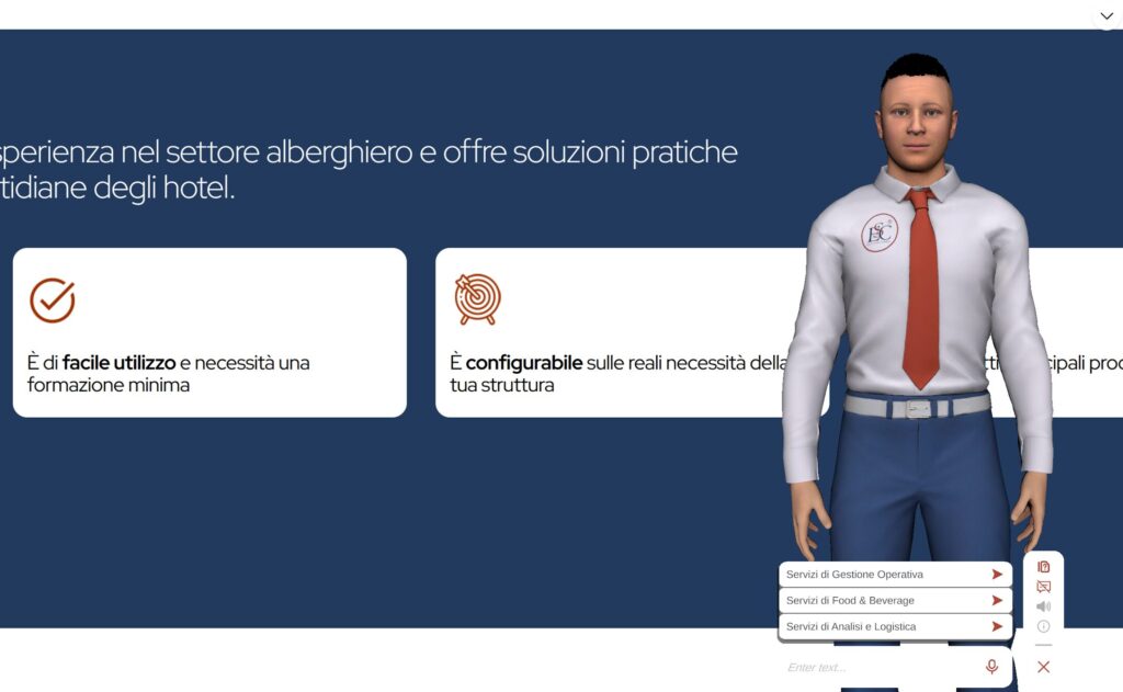 Screenshot 2025-08-27 184222 Interfaccia della piattaforma ESC con avatar assistente virtuale AI a figura intera, che illustra i vantaggi per hotel: facilità di utilizzo, configurabilità e moduli dedicati a gestione operativa, food & beverage e analisi logistica.