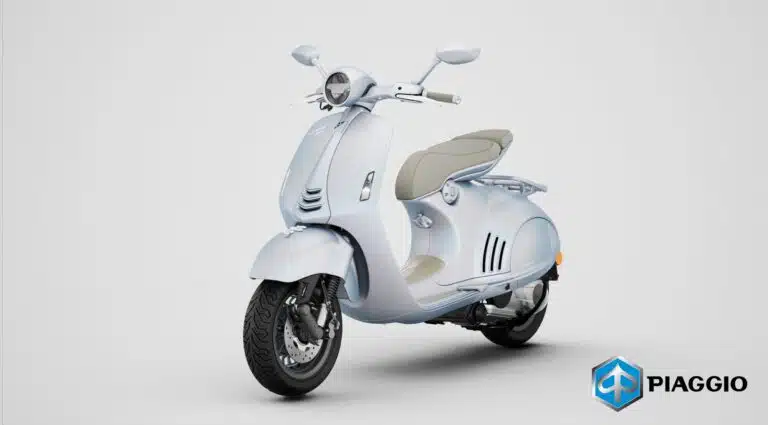 Vespa Snake modello 3D in colore bianco perlato, vista frontale a tre quarti destra, design moderno con dettagli curvi e sella beige con logo.