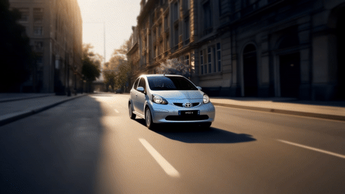 Sequenza evolutiva del modello Toyota Aygo dal 2005 al 2025: quattro generazioni che raccontano l’evoluzione del design urbano compatto, culminando nel nuovo modello crossover dallo stile contemporaneo.