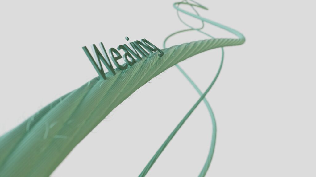 closeoop (1) Rendering 3D di un filo verde con la scritta ‘Weaving’, rappresentazione stilizzata della fase di tessitura nel processo di rigenerazione tessile di Closeoop