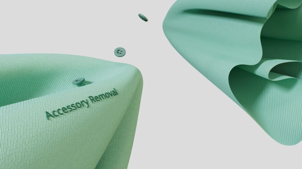 closeoop_Img1 Rendering 3D della fase di rimozione accessori da un capo d’abbigliamento, parte del processo industriale di riciclo tessile mostrato nel progetto Closeoop.