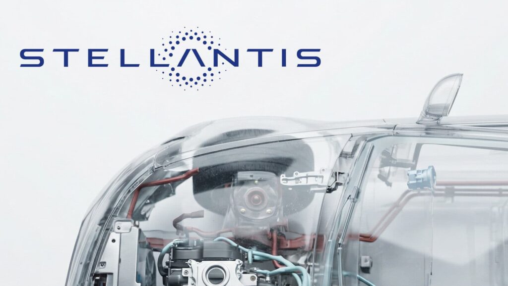 Close-up 3D di componenti automotive con dettagli meccanici ed elettrici evidenziati in blu, visualizzazione tecnica ad alta definizione.