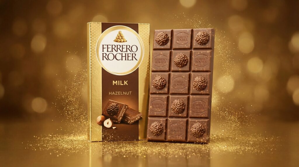 Ferrero (10) Tavoletta di cioccolato Ferrero Rocher intera scartata posizionata accanto alla sua confezione originale dorata in formato landscape.