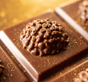 Macro fotografia ad alta risoluzione della texture del cioccolato al latte con granella di nocciole su tavoletta Ferrero.
