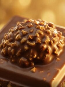 Close-up su singolo quadrotto di tavoletta Ferrero Rocher con la tipica cupola di cioccolato e granella in rilievo.
