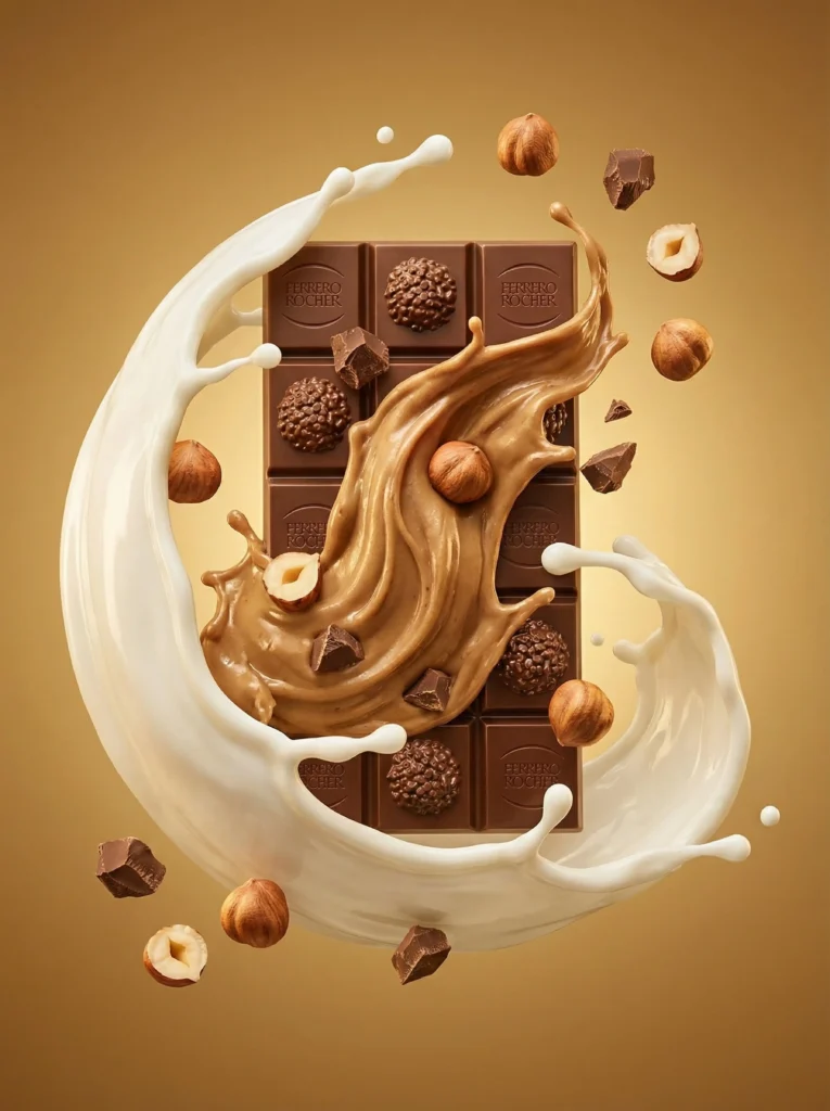 Composizione artistica food design con vortice dinamico di cioccolato fuso, crema e nocciole intere in sospensione.