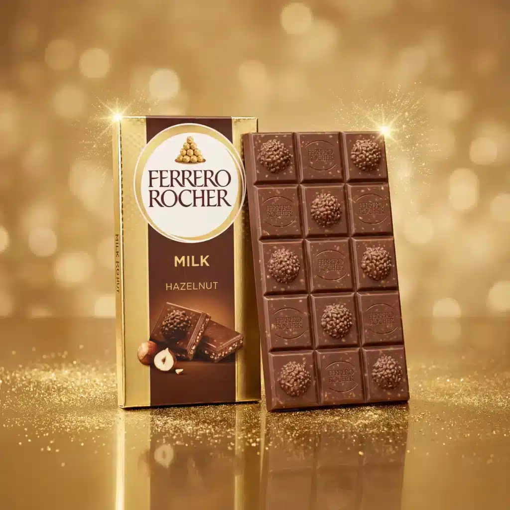 Ferrero-_8_ Tavoletta di cioccolato Ferrero Rocher intera scartata posizionata accanto alla sua confezione originale dorata.