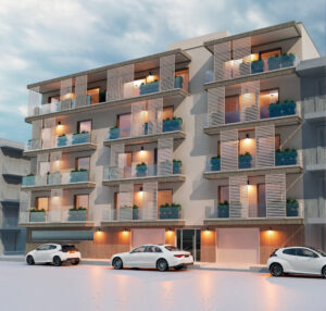 Rendering esterno palazzina residenziale moderna con facciata architettonica e illuminazione diurna.