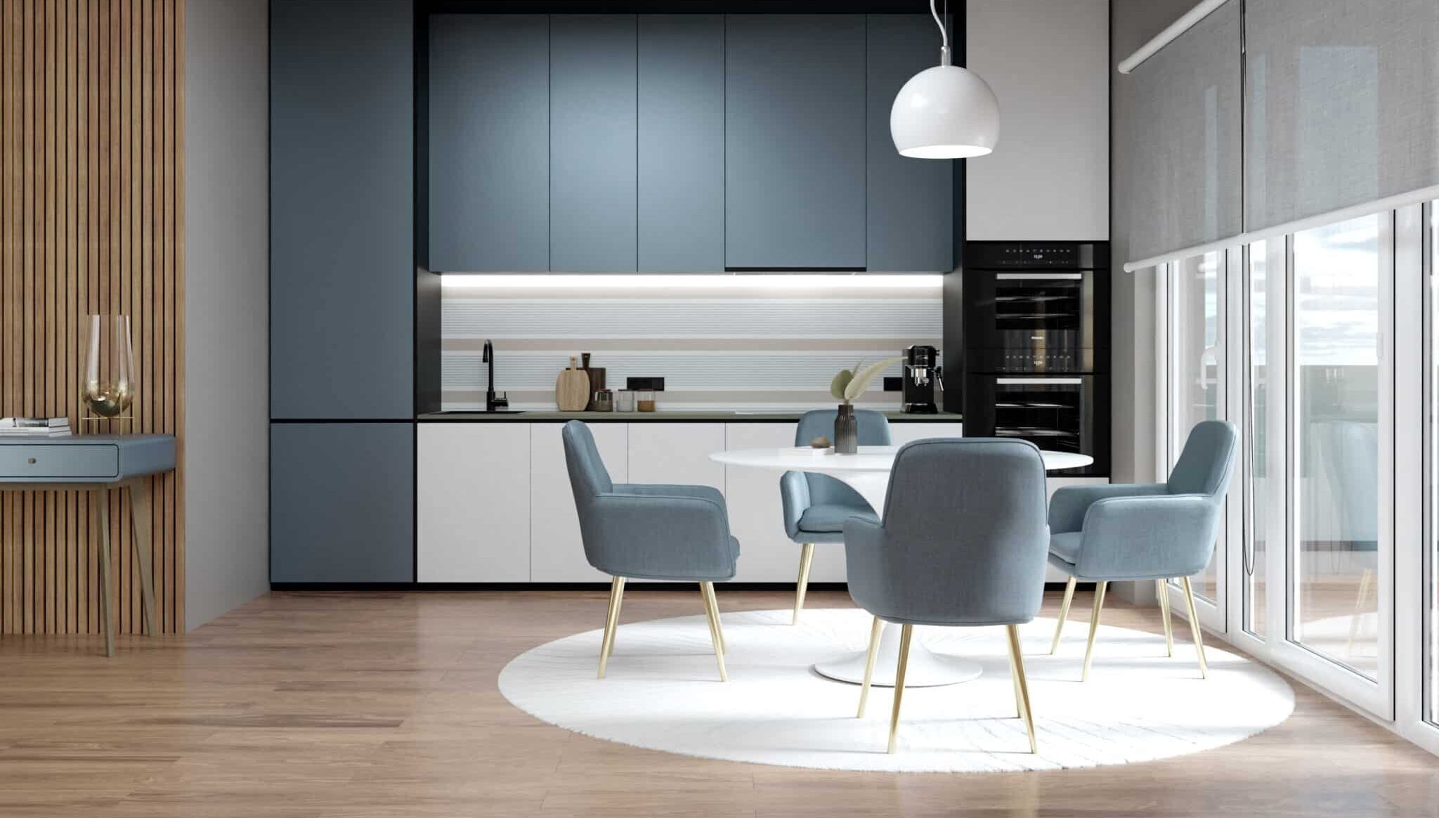 Rendering d'interni cucina open space moderna con isola e zona living luminosa