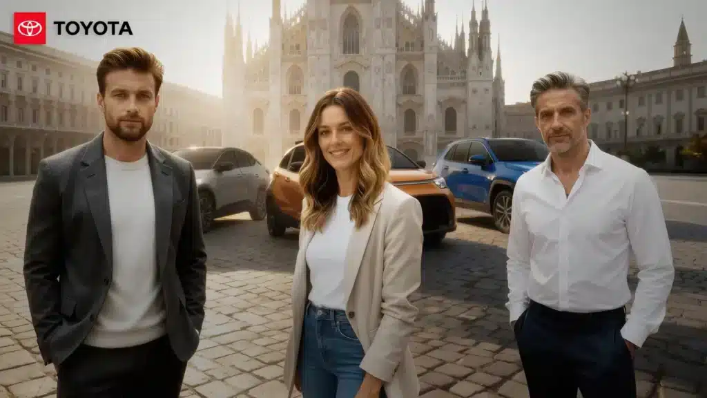 Tre protagonisti sorridenti posano in Piazza Duomo a Milano davanti ai nuovi modelli Toyota, rappresentando tre diversi stili di vita – urbano, eco e business – per una campagna promozionale che unisce storytelling e AI nel settore automotive.