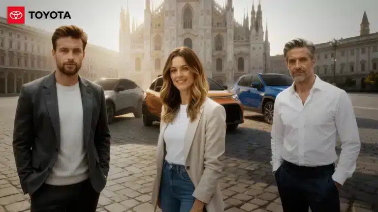 Tre protagonisti sorridenti posano in Piazza Duomo a Milano davanti ai nuovi modelli Toyota, rappresentando tre diversi stili di vita – urbano, eco e business – per una campagna promozionale che unisce storytelling e AI nel settore automotive.