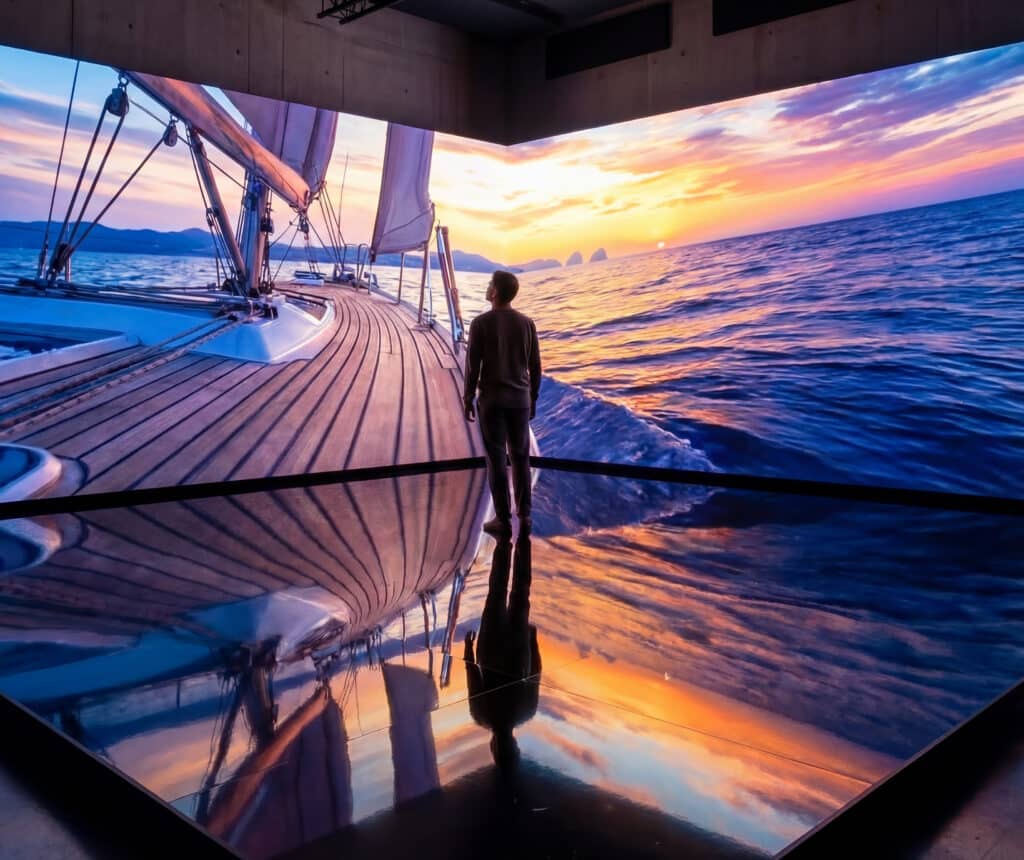 Installazione immersiva Vette e Onde: visitatrice osserva una proiezione di tramonto su barca a vela creata con AI con un uomo al centro.