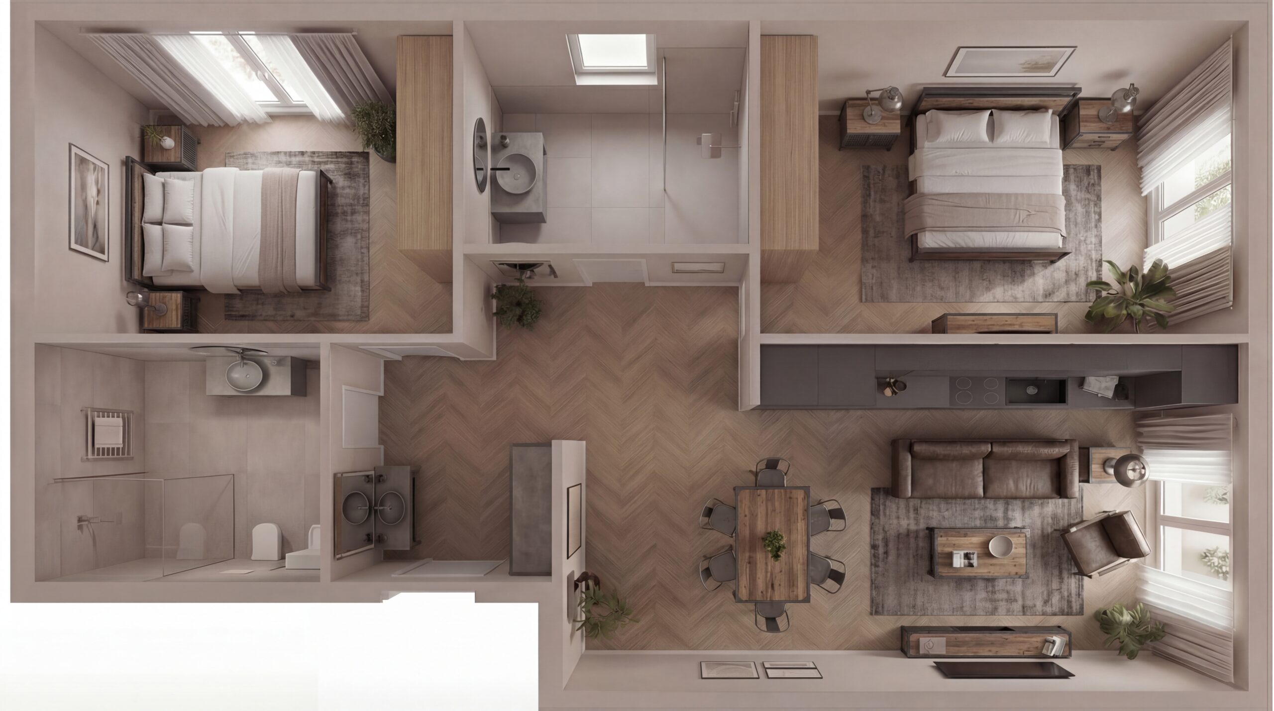 Rendering top view bagno moderno con doccia e sanitari