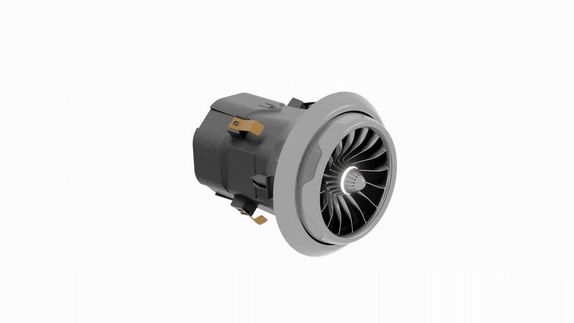 Close-up 3D di componenti automotive con dettagli meccanici ed elettrici evidenziati in blu, visualizzazione tecnica ad alta definizione.