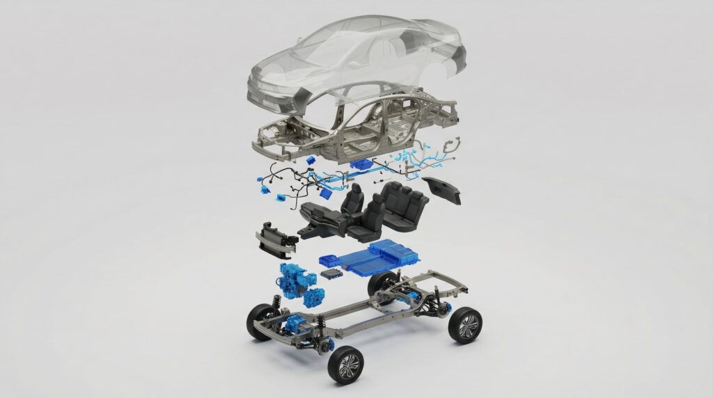Visualizzazione 3D isometrica di veicolo automotive in exploded view da modelli CAD, con powertrain, batteria e cablaggi separati e evidenziati in blu.