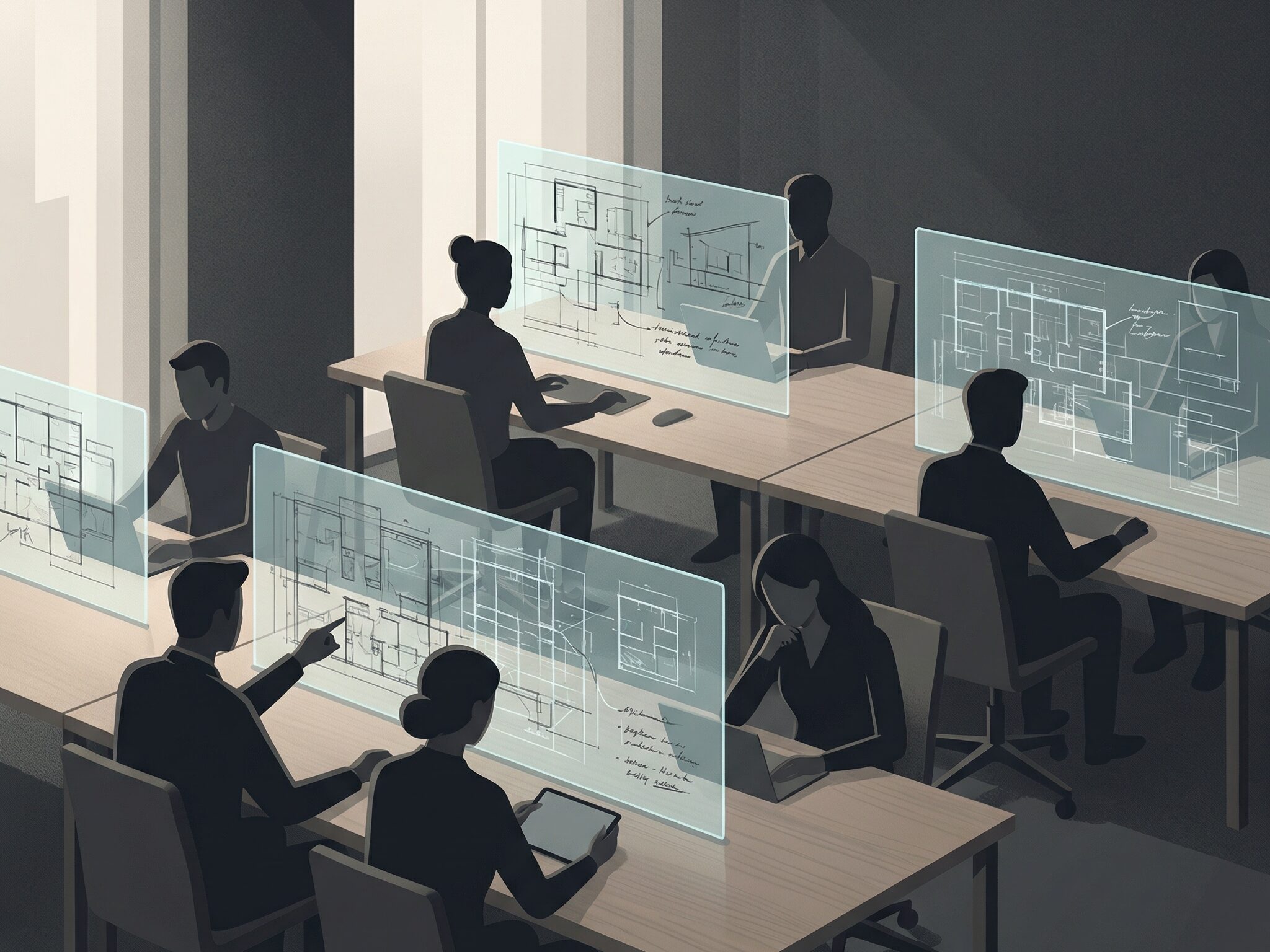 Silhouettes of designers or teams sitting in front of screens with plans and notes, but stylized and minimal, to emphasize the need for a simple and reliable tool.