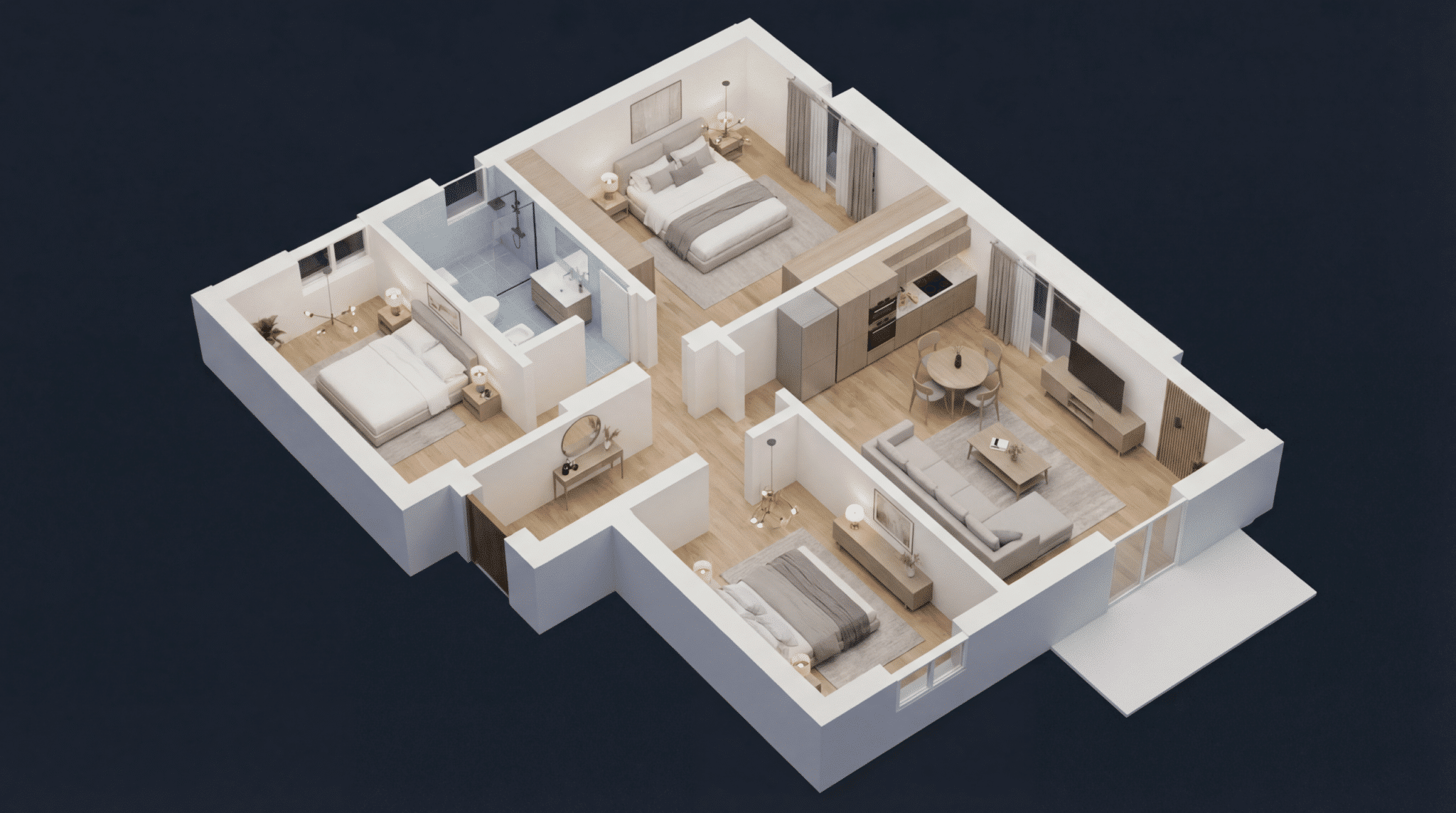 Modello 3D completo di appartamento arredato visto dall’alto