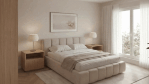Rendering camera da letto moderna minimal con letto imbottito e luci soffuse
