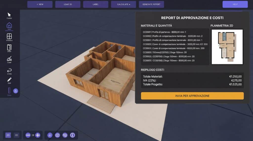 Configuratore 2D/3D web per calcolo automatico superfici e generazione preventivi. Dal modello CAD al report costi in un workflow integrato e scalabile.