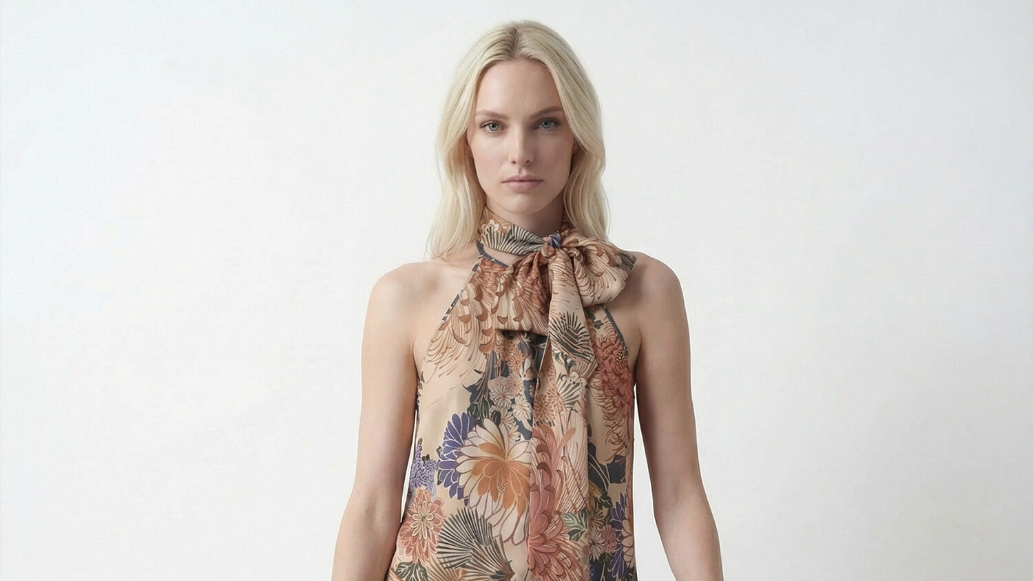 Immagine di una modella bionda che indossa top floreale in una sezione dedicata alla fase di fitting digitale, esempio del risultato finale dopo l’elaborazione del virtual try-on.