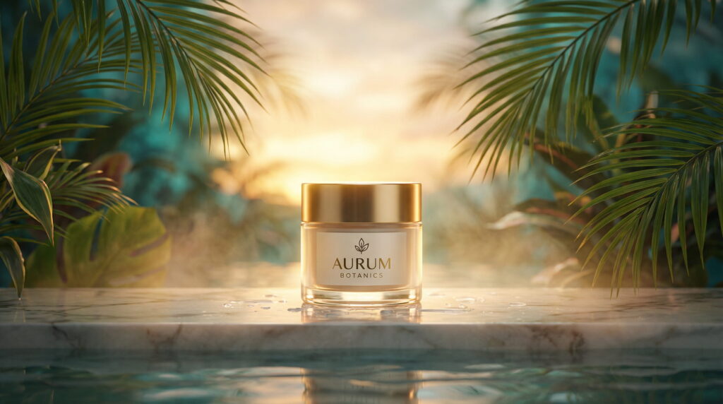 Ai commercial image showing a care product in a jungle environment