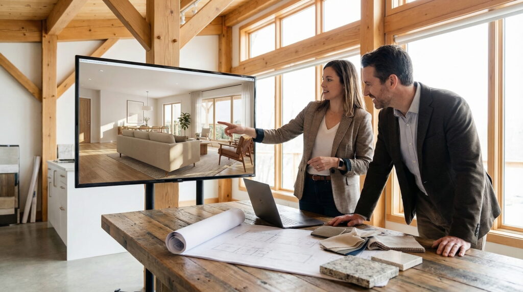 Architetto che presenta un rendering 3D di interni fotorealistico su laptop durante la revisione di un progetto architettonico