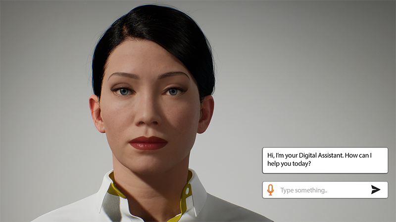 Avatar virtuale per assistenza clienti che si presenta con un’interfaccia di chat vocale e testuale, pronta a rispondere alle domande degli utenti.